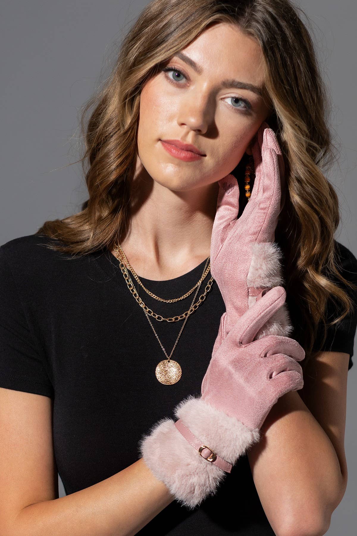 Faux Fur Smart Touch Gloves with Strap Cuff