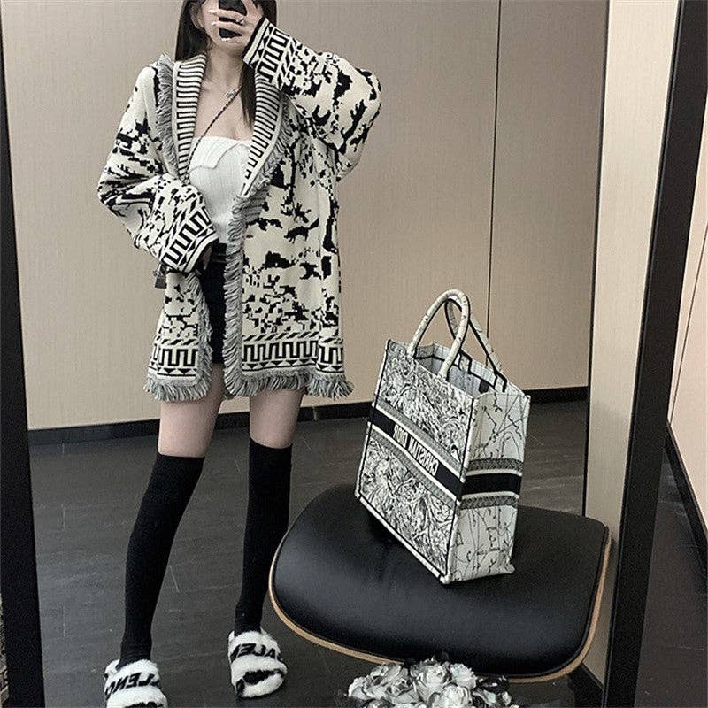 Color Block Retro Loose Embossed Tassel Knitted Cardigan