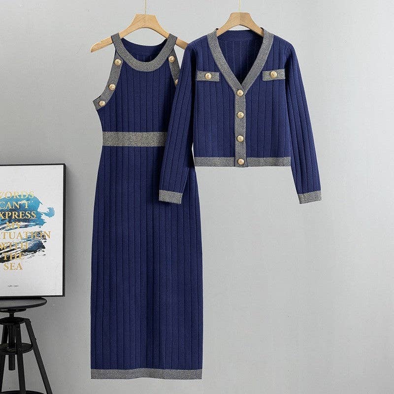 Fashion Knitted Sweater High Waist Vest Dress Set