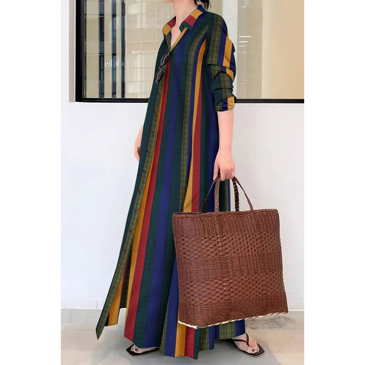 Strip Plaid Button Front Open Loose Maxi Dress