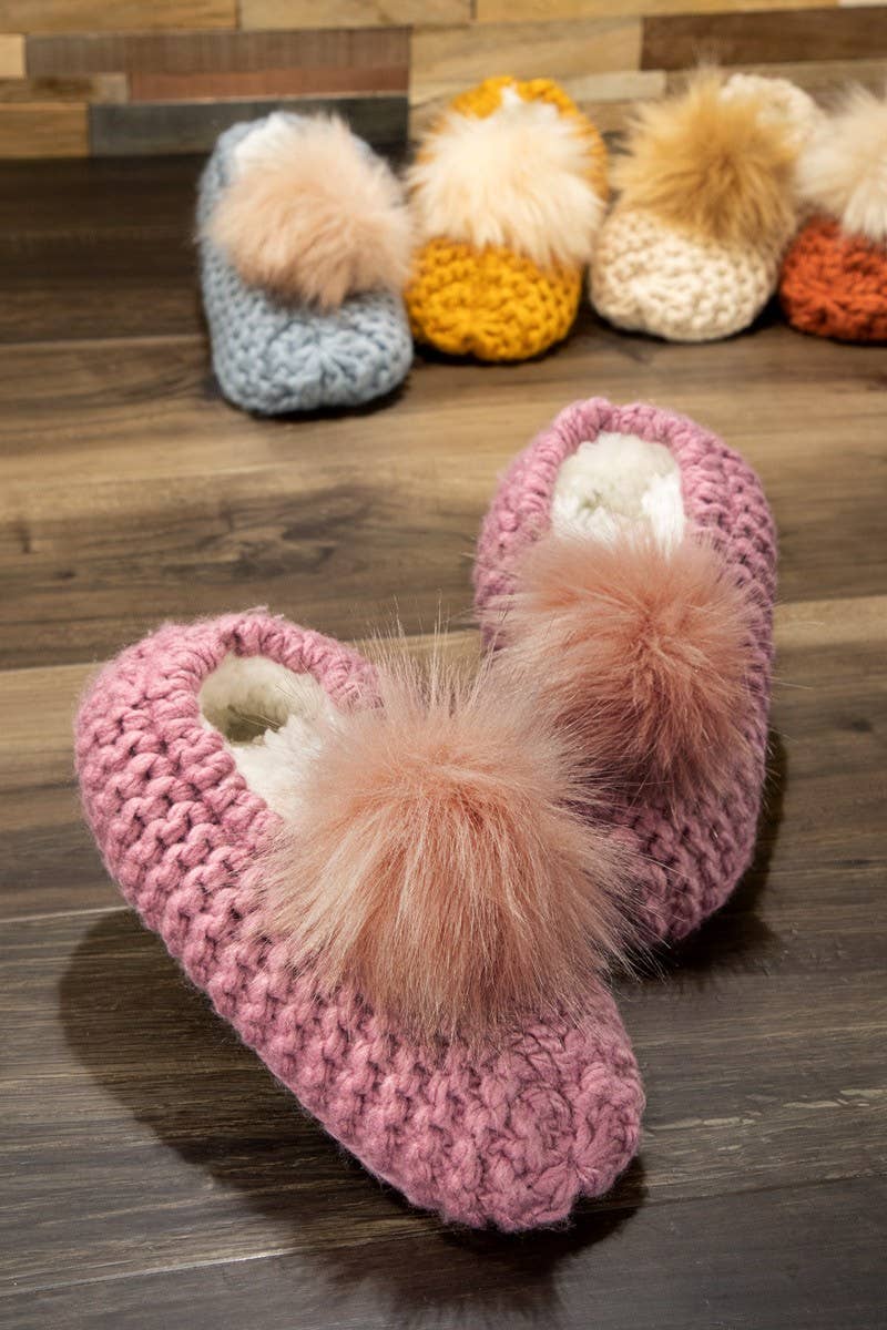 Knitted Slippers with Pom Pom