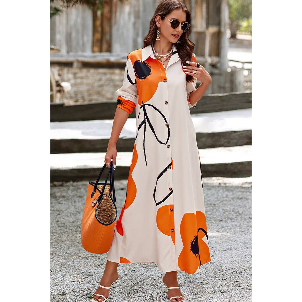 A Line Button Down Floral Print Loose Fit Dress