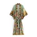 Peacock & Floral Print Belted Long Kimono Robe