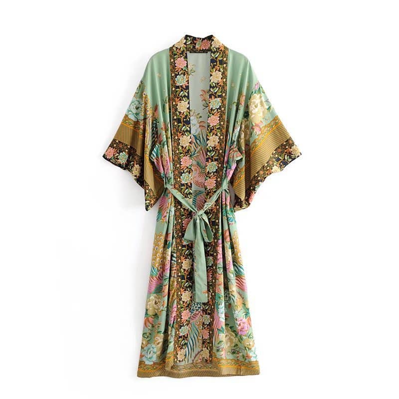 Peacock & Floral Print Belted Long Kimono Robe