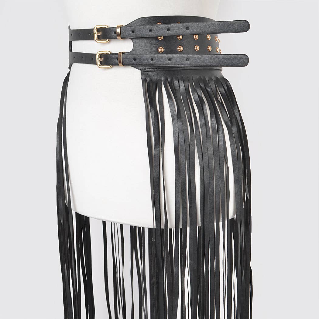 Faux Leather Metal Studded Fringe Belt