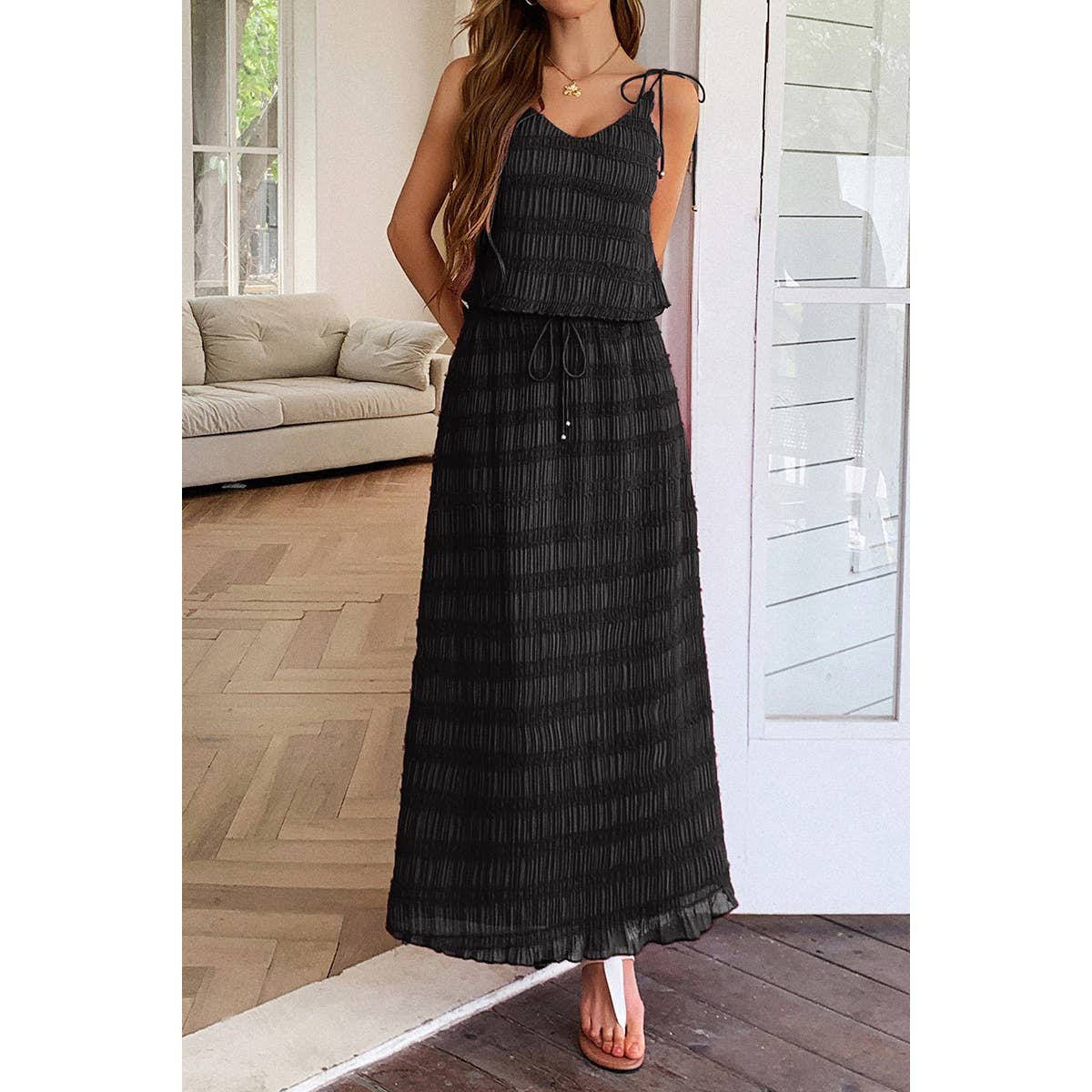Solid Two Piece Strappy Maxi Skirt Crop Top Set