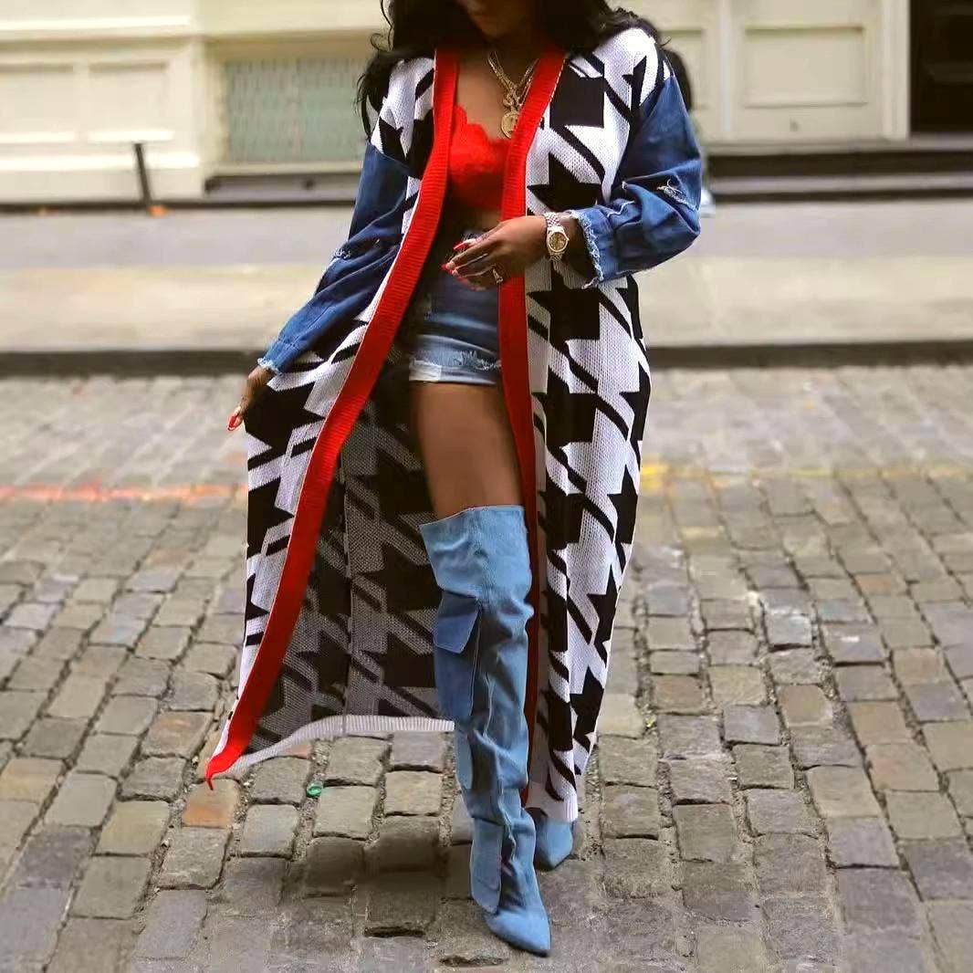 Houndstooth Pattern Denim Sleeve Spliced Long Cardigan