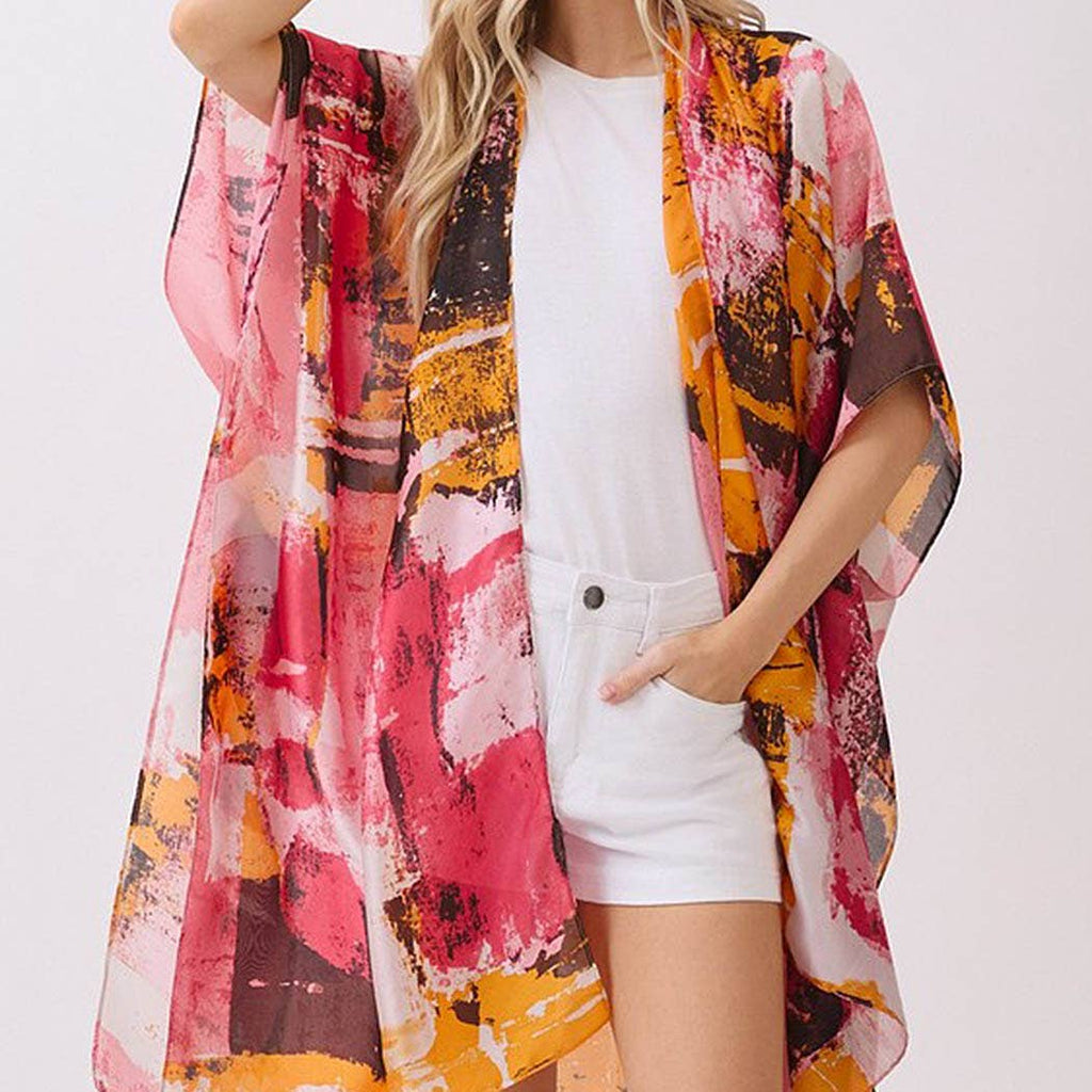 Abstract Modern Art-Inspired Print Silky Feel Kimono