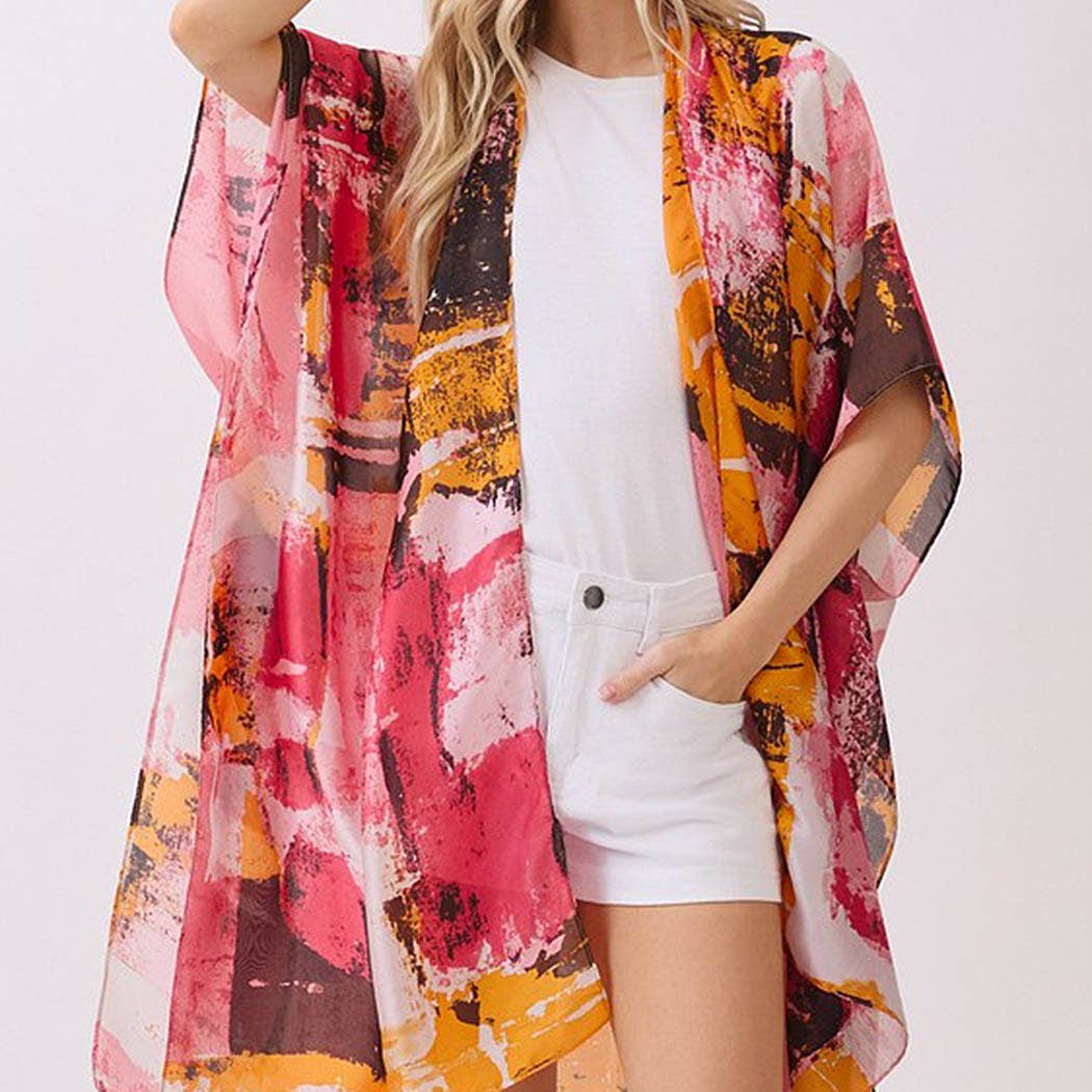 Abstract Modern Art-Inspired Print Silky Feel Kimono