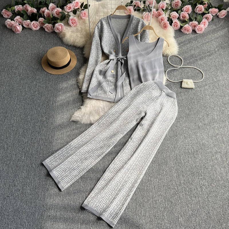 Knitted Cardigan, Vest, And Pants Set