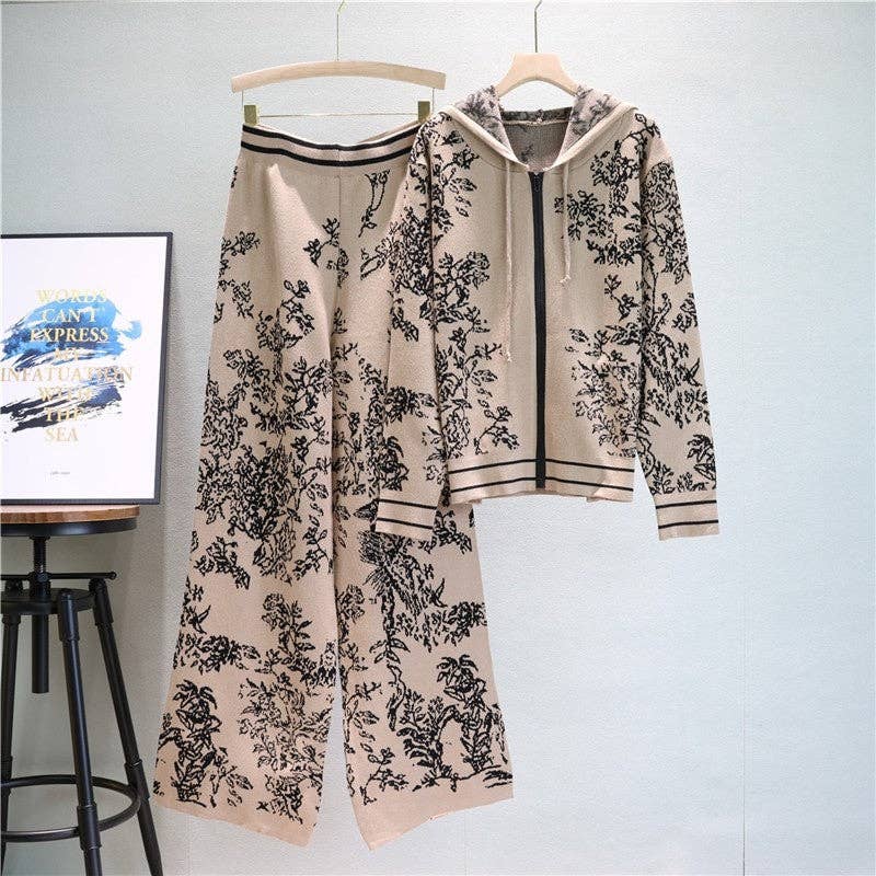 Ink Painting Jacquard Hooded Sweater And Wide Leg Pants Set