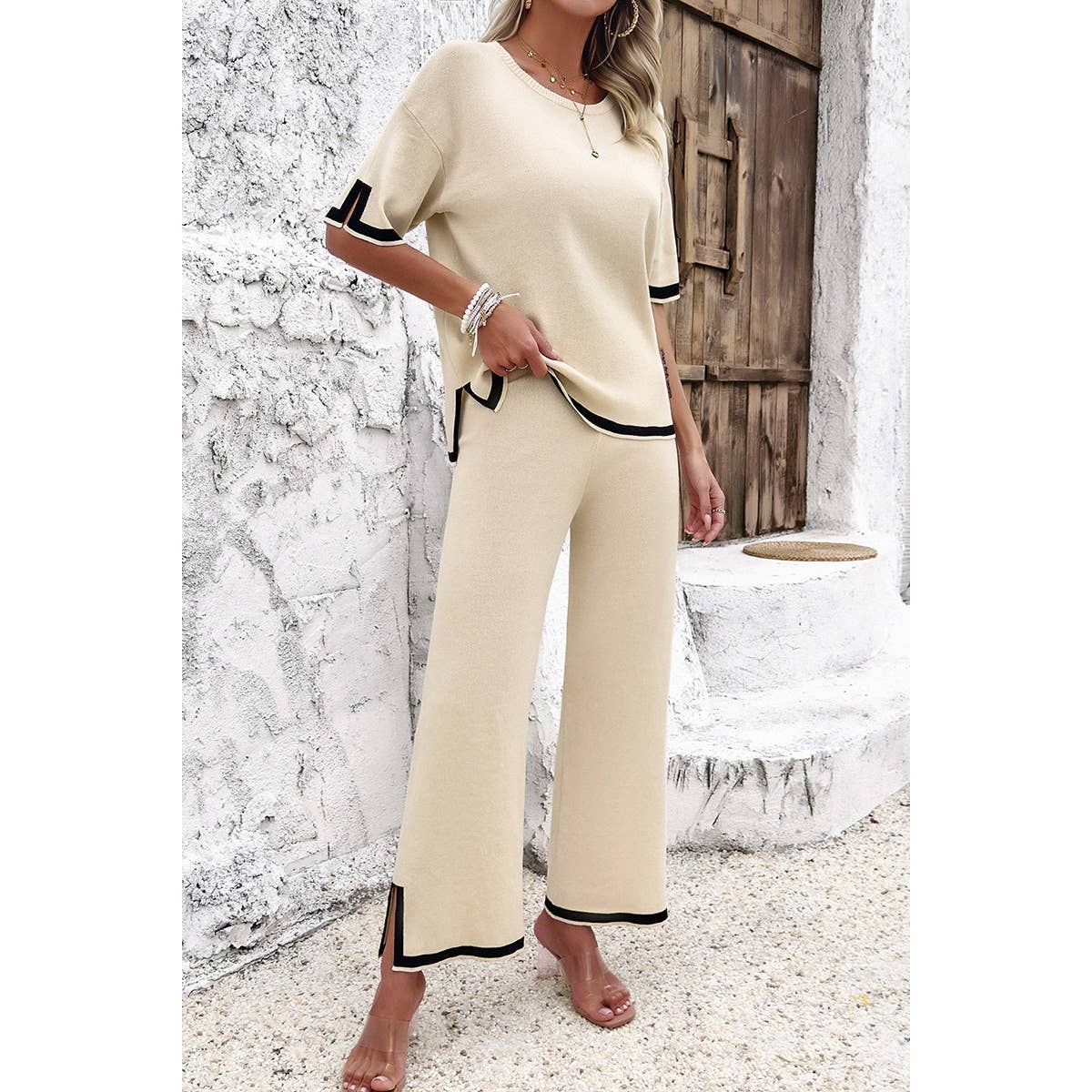 Two Pieces Outfits Knit Short Sleeve Wide Leg Lounge Sets