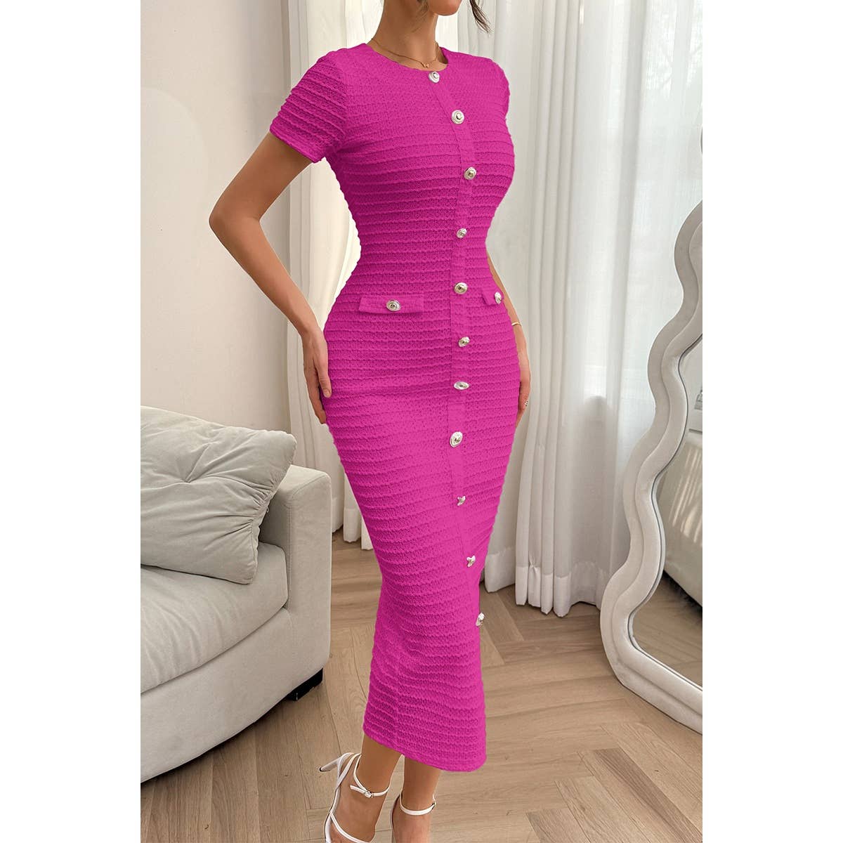 Solid Buckle Design Zipper Split Short Sleeve Dress