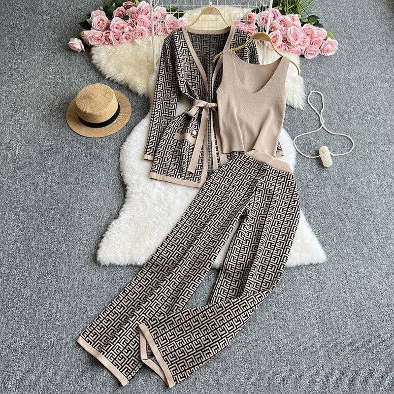 Knitted Cardigan, Vest, And Pants Set