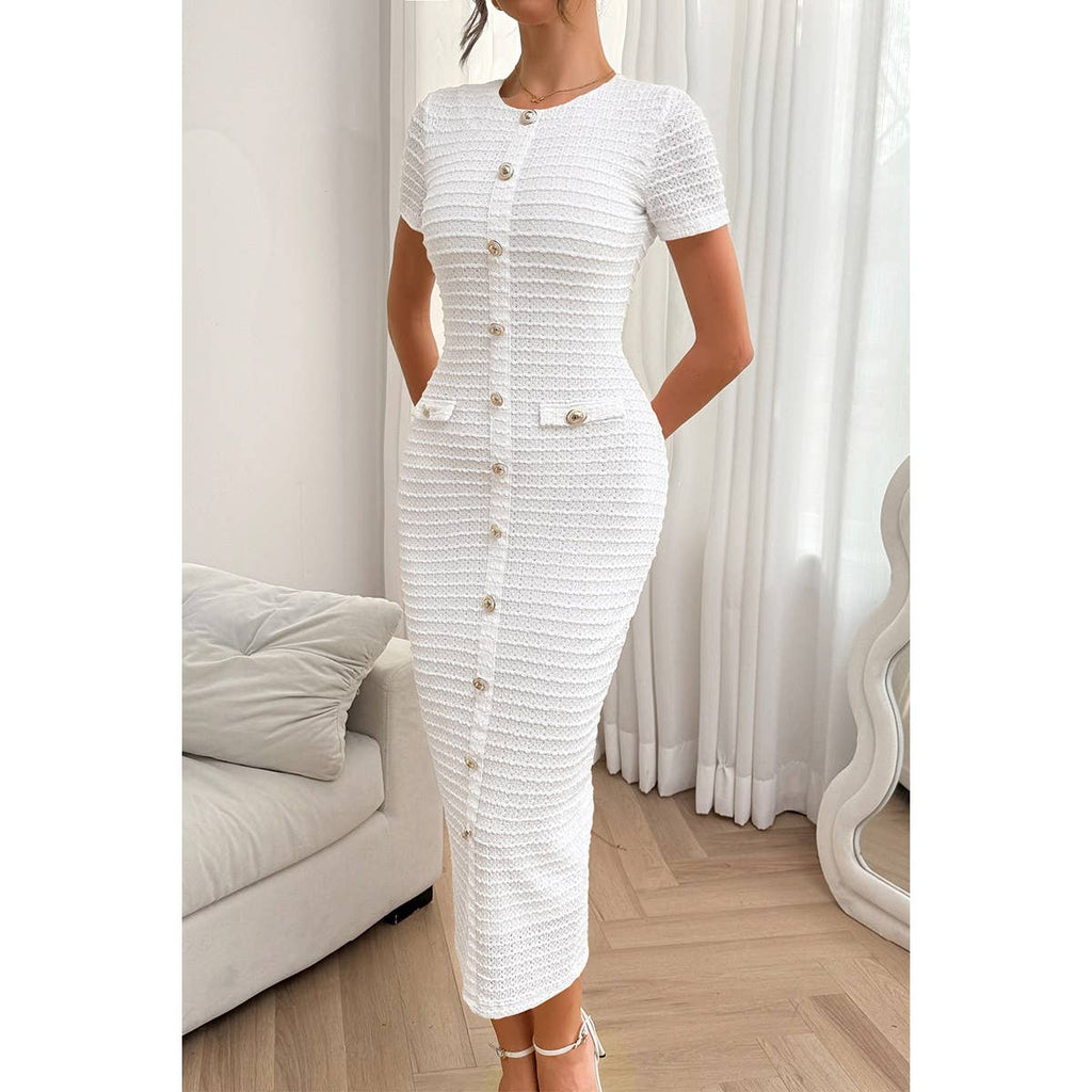 Solid Buckle Design Zipper Split Short Sleeve Dress