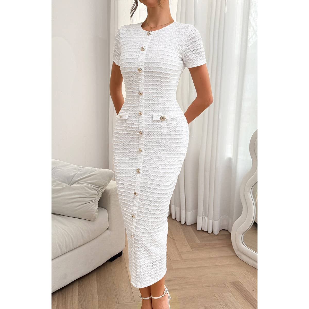 Solid Buckle Design Zipper Split Short Sleeve Dress