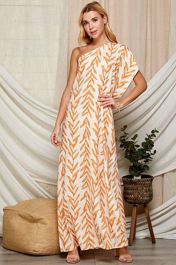 One Shoulder Leaf Print Maxi Dress. LF-5146IMD