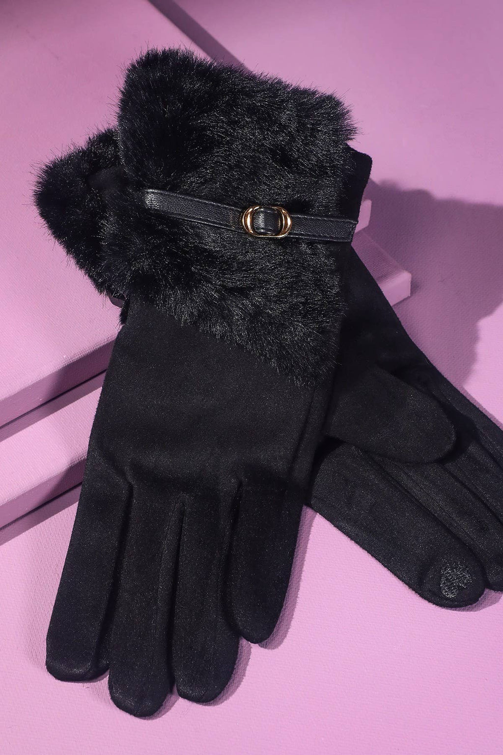 Faux Fur Smart Touch Gloves with Strap Cuff