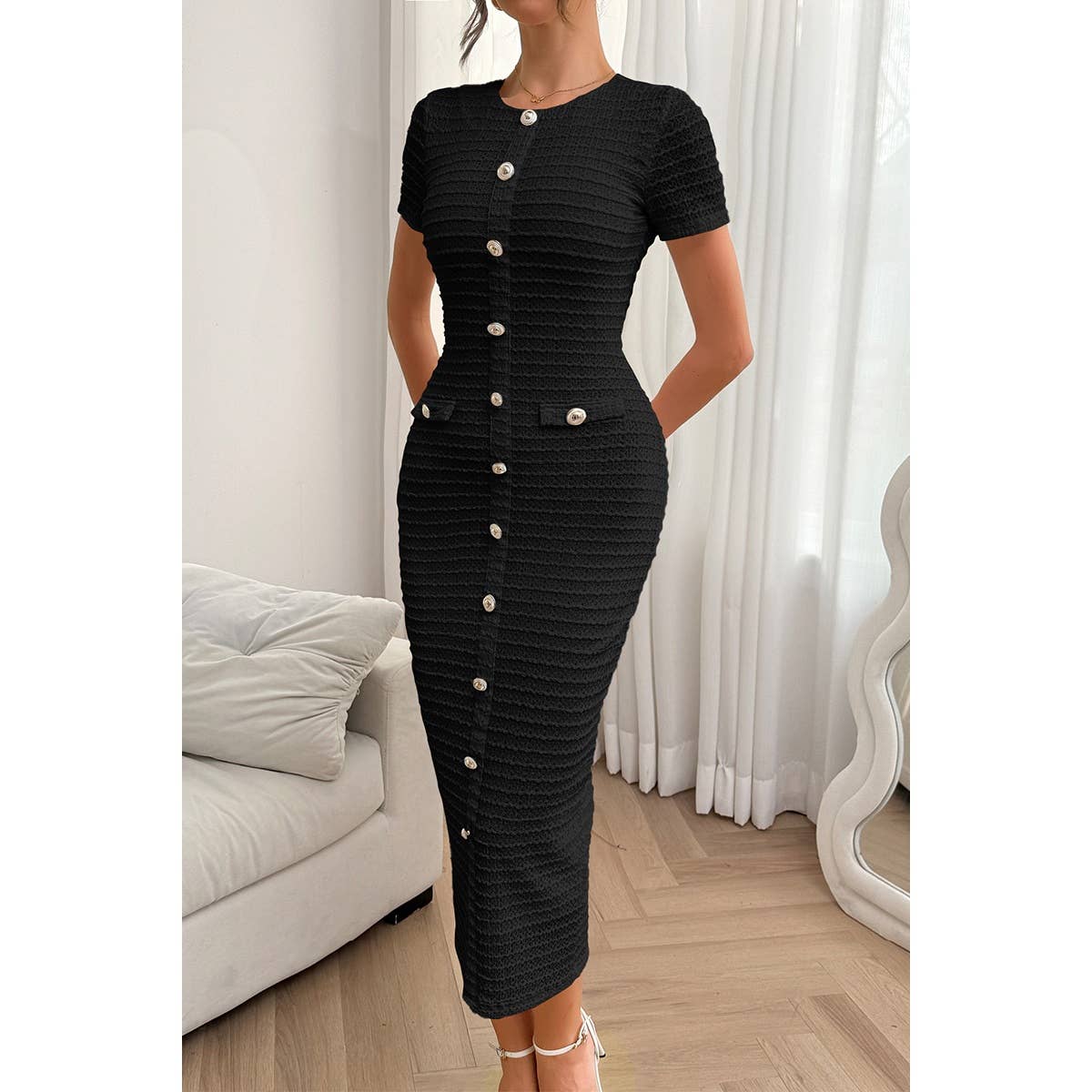 Solid Buckle Design Zipper Split Short Sleeve Dress