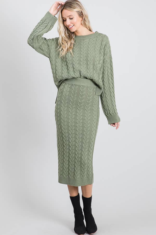 Chunky Cable Knit Sweater and Maxi Skirt Two Piece Set