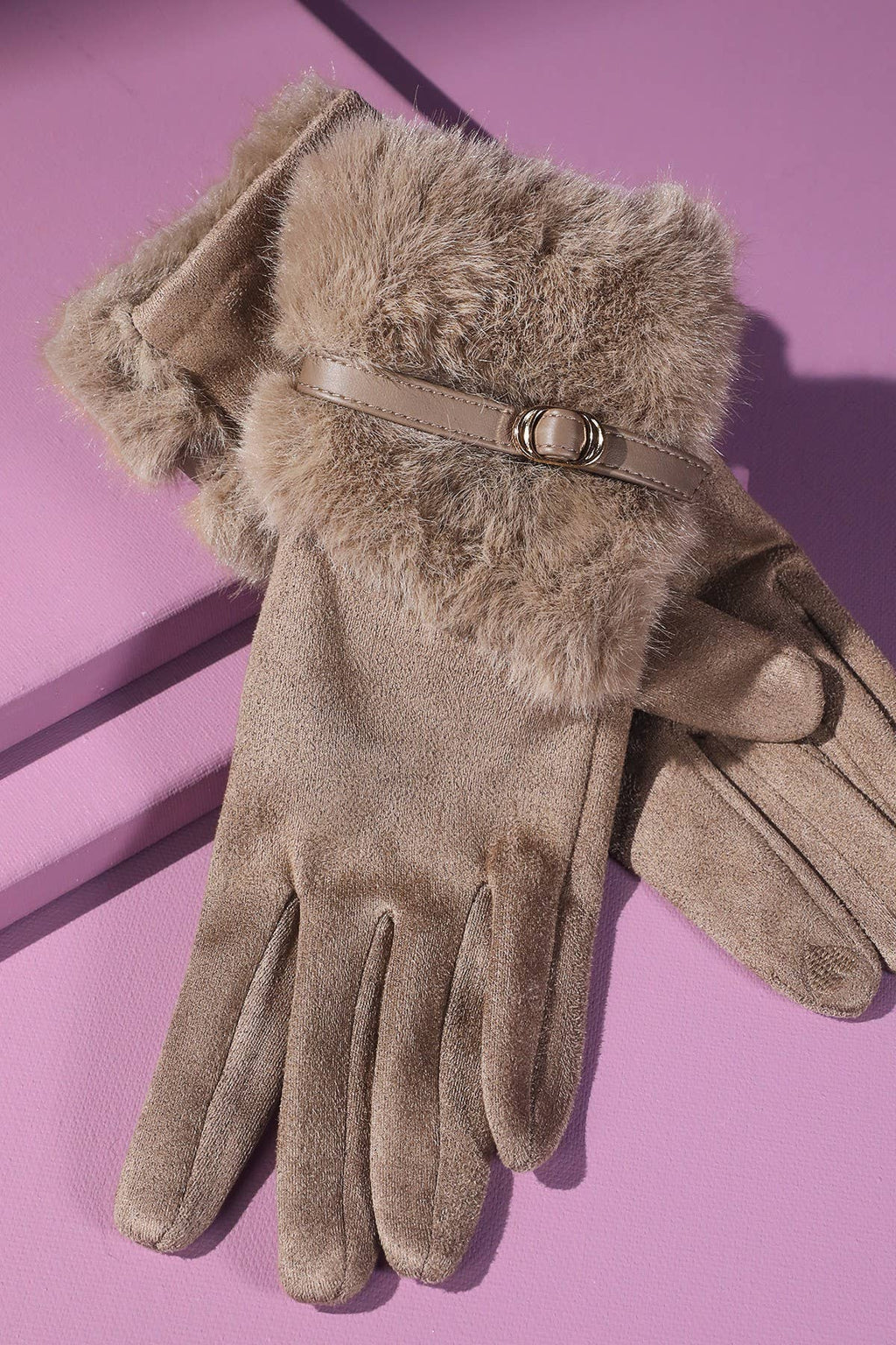 Faux Fur Smart Touch Gloves with Strap Cuff