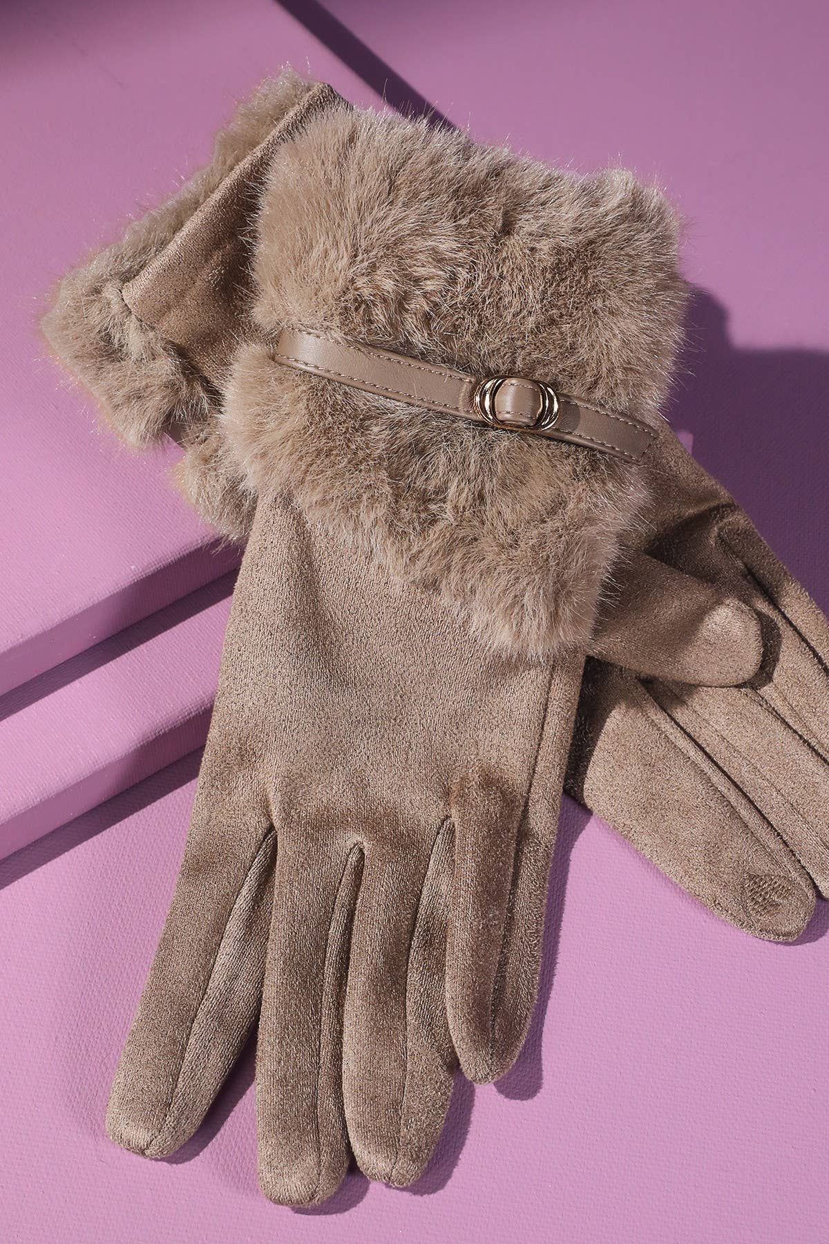 Faux Fur Smart Touch Gloves with Strap Cuff