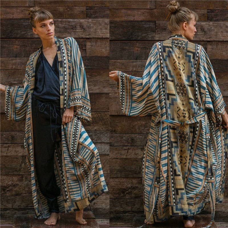 Longline Loose Fit Printed Cardigan With Tie Waist