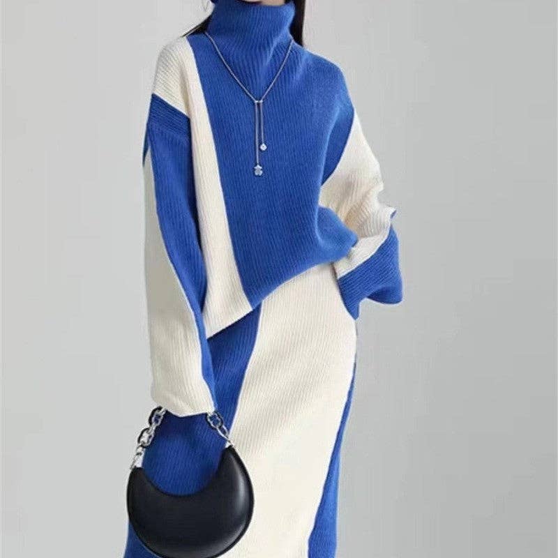 Fashionable Color-Blocking Sweater And Skirt Set