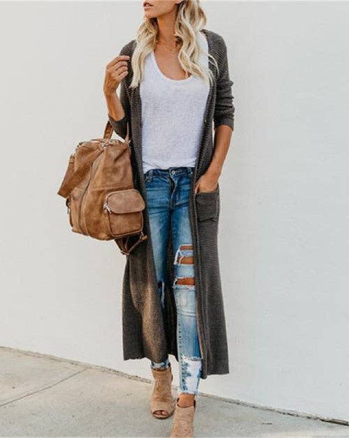Solid Button Down Front Pocket Knitted Long Cardigan