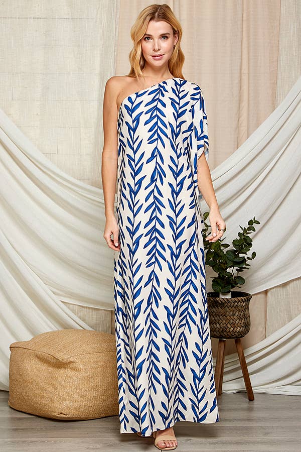 One Shoulder Leaf Print Maxi Dress. LF-5146IMD