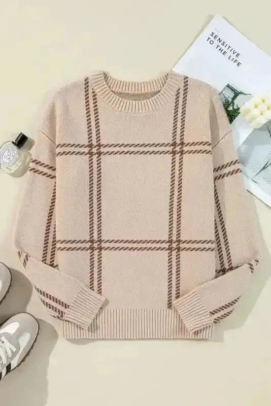 Cozy Khaki Plaid Knit Sweater
