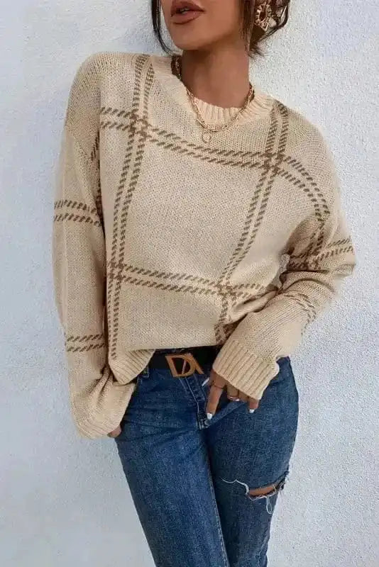 Cozy Khaki Plaid Knit Sweater