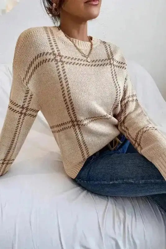 Cozy Khaki Plaid Knit Sweater
