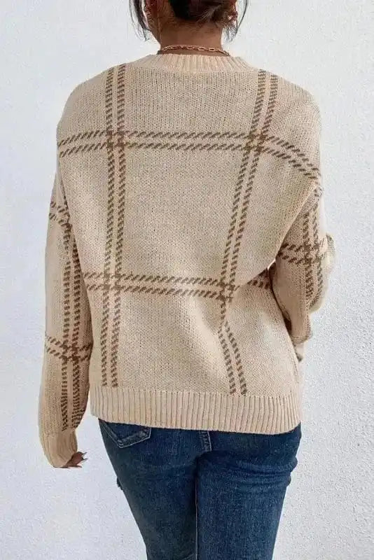 Cozy Khaki Plaid Knit Sweater