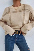 Cozy Khaki Plaid Knit Sweater