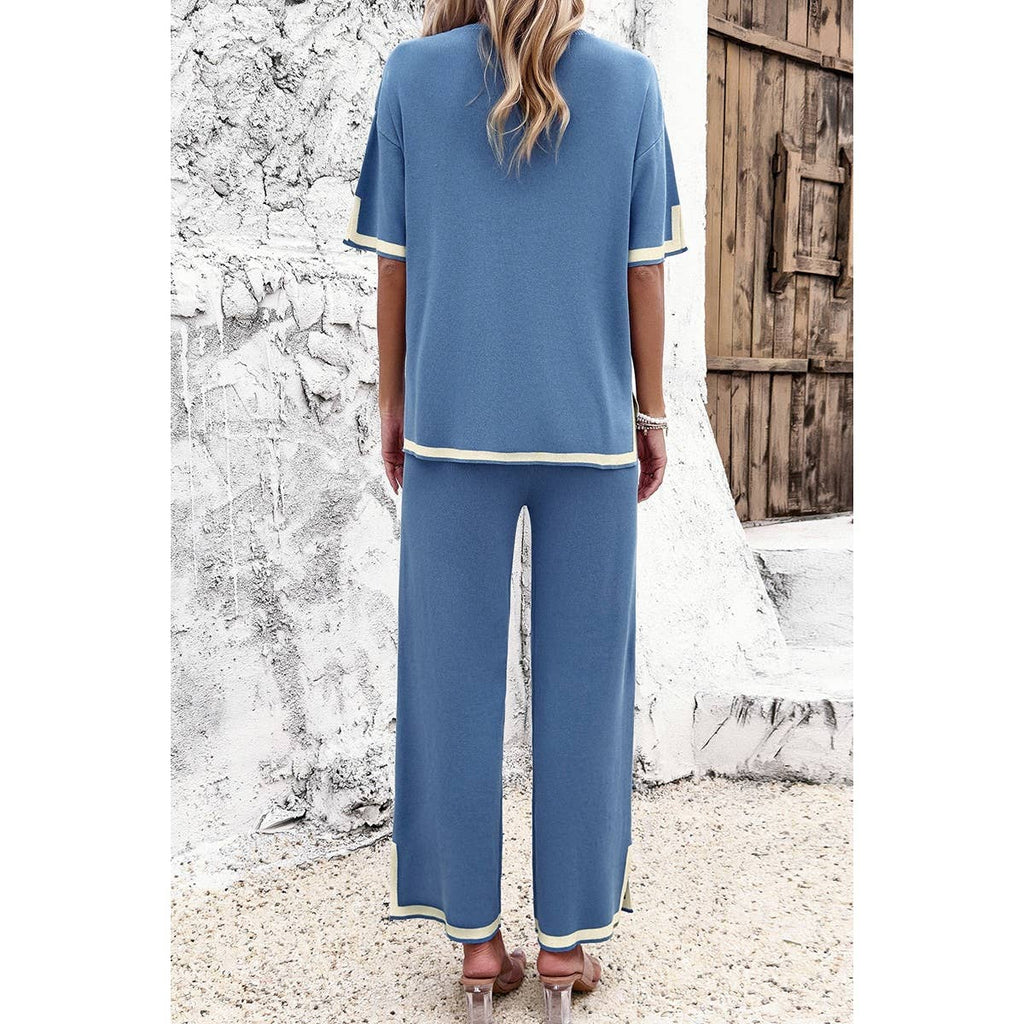 Two Pieces Outfits Knit Short Sleeve Wide Leg Lounge Sets