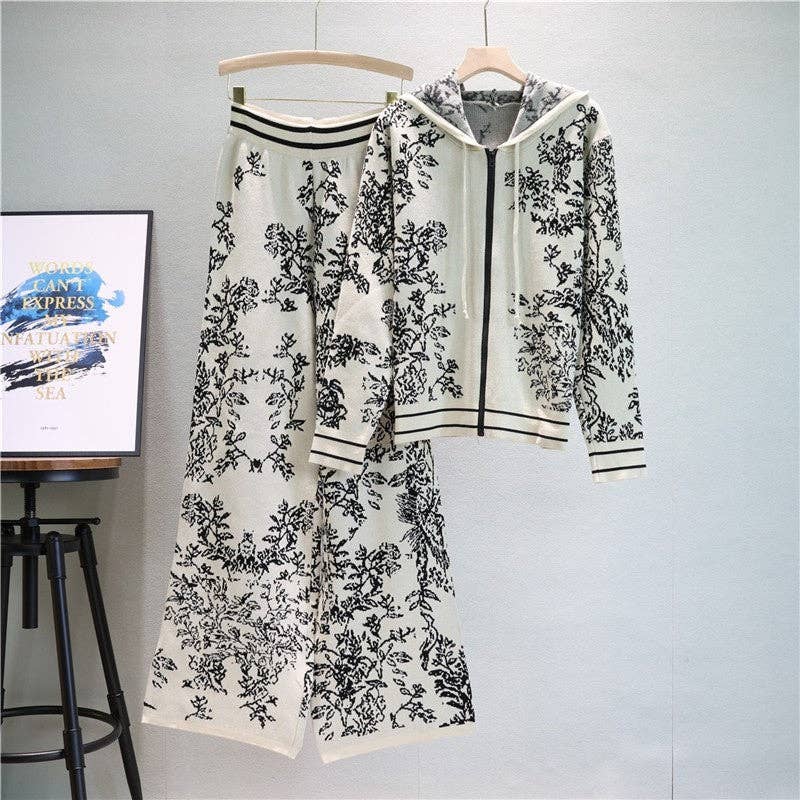 Ink Painting Jacquard Hooded Sweater And Wide Leg Pants Set