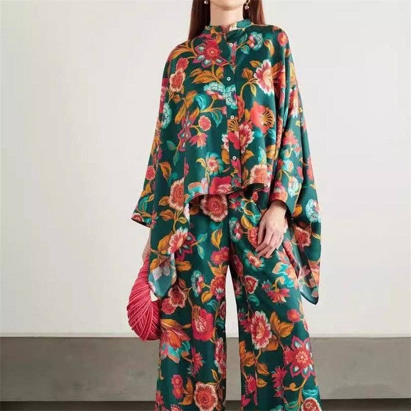 Printed Stand Collar Irregular Top And Pants Set