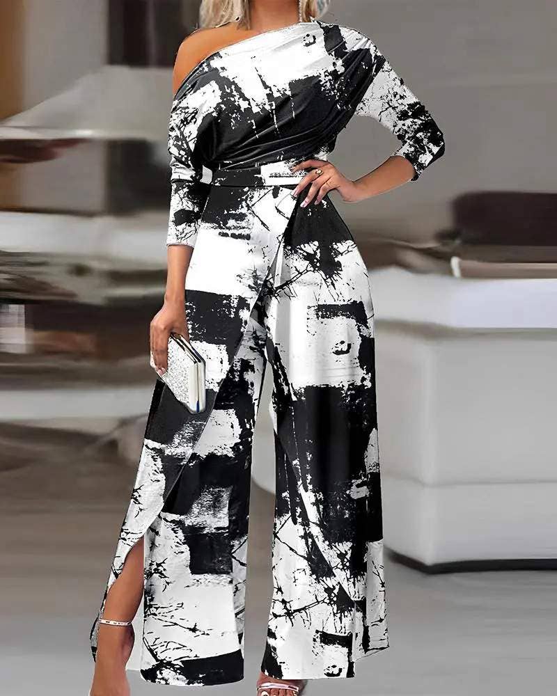 Tie dye print cold shoulder slit wide leg jumpsuit